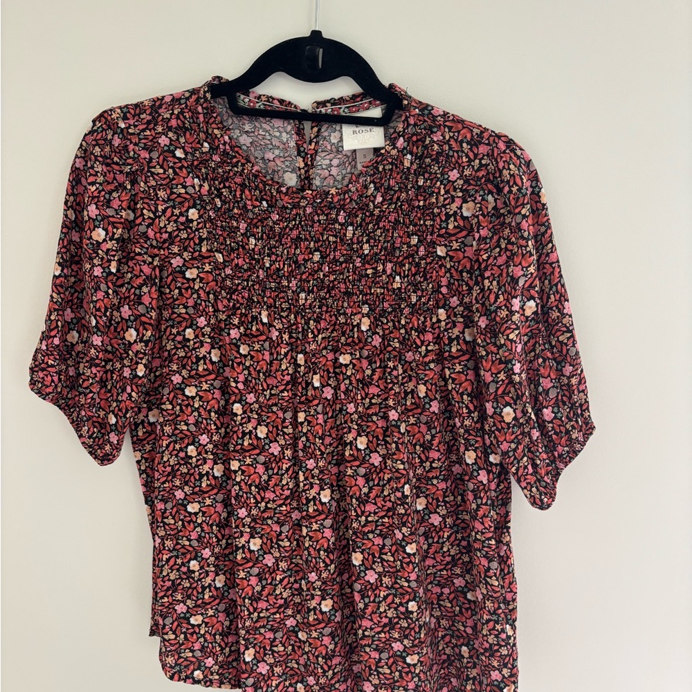 Floral Short-Sleeve Smocked Blouse